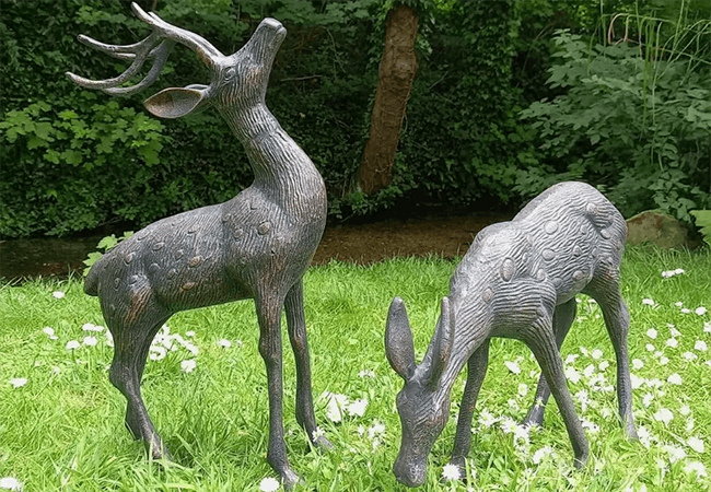 Image of Small Pair Of  Cast Aluminium Deer Sculptures - Stag And Doe - Aged Bronze Effect Finish