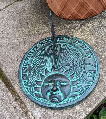 Image of Sundial Garden Ornament in Verdigris Cast Iron Sun Face