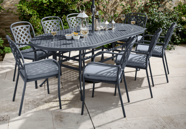 Image of Hartman Berkeley 8 Seat Oval Dining Set in Antique Grey / Platinum - NO PARASOL