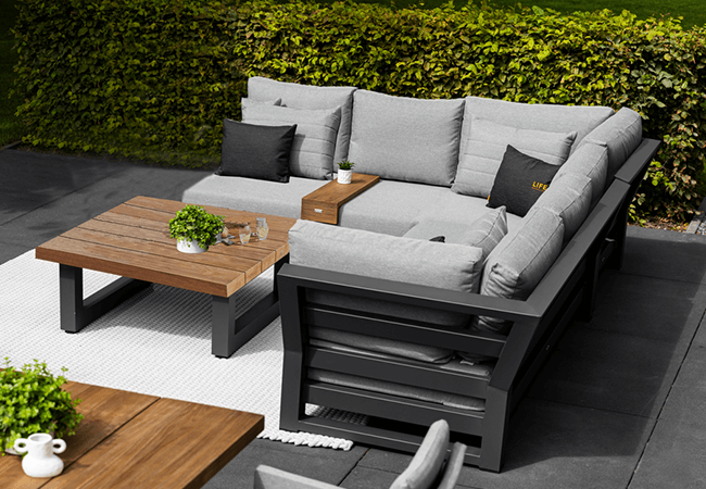Image of EX-DISPLAY / COLLECTION ONLY - LIFE Nevada Mini Corner Sofa Set in Lava / Soltex Mist with Teak Table