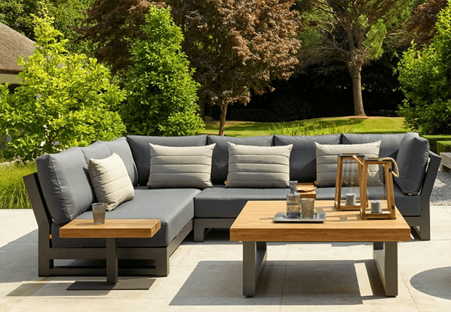 Image of LIFE Nevada Mini Corner Sofa Set in Lava / Soltex Graphite with Teak Table
