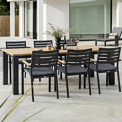 Small Image of Kettler Elba 6 Seat Dining Set in Teak/Grey with Signature Cushions
