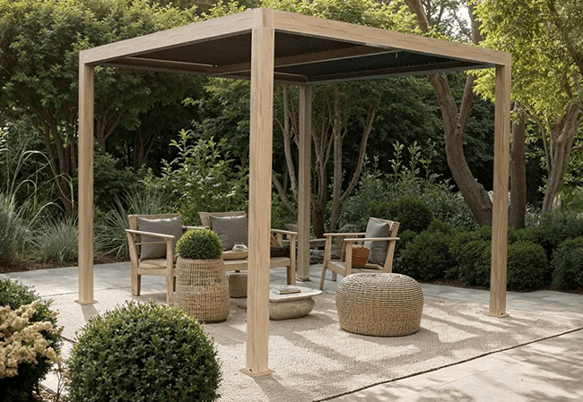 Image of Supremo Wood Effect Heat Transfer Belfort 3m x 3m Aluminium Pergola with Curtains and LED Lights