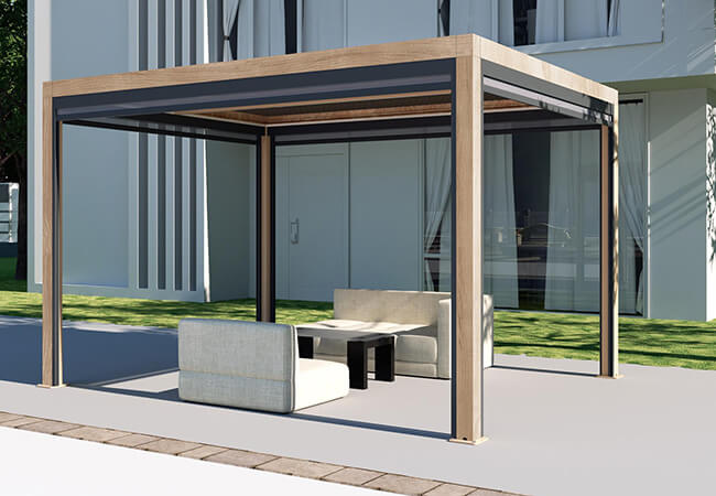 Image of Supremo Belfort Wood Effect Heat Transfer 4x3m Aluminium Pergola with Curtains and LED Lights