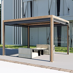 Image of Supremo Belfort Wood Effect Heat Transfer 4x3m Aluminium Pergola with Curtains and LED Lights